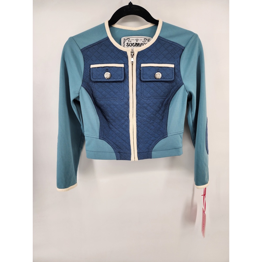 Sugarfly Anita Quilted Moto Jacket Womens Medium Blue Colorblock Zip Up Runway